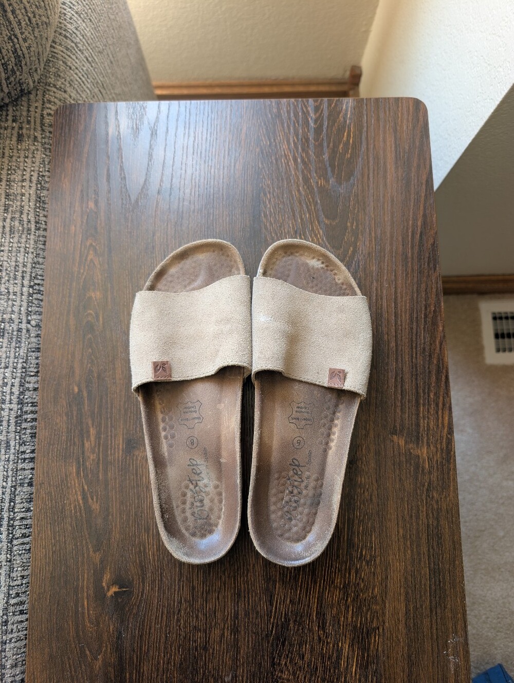 BioStep Tan Suede Leather Slide Sandals Cork Footbed